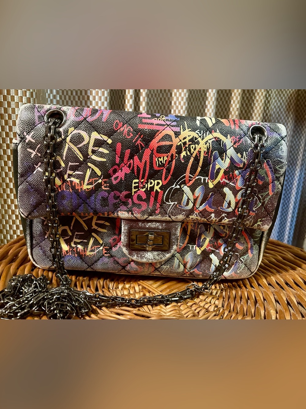 Graffiti Print Quilted Shoulder Bag with gunmetal chain
